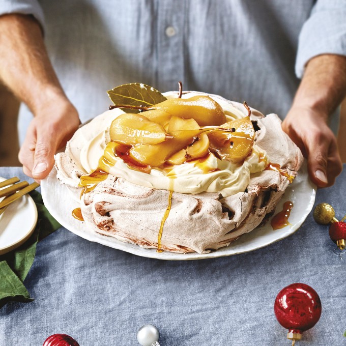 Choc Pavlova With Spiced Pears Recipe Myfoodbook